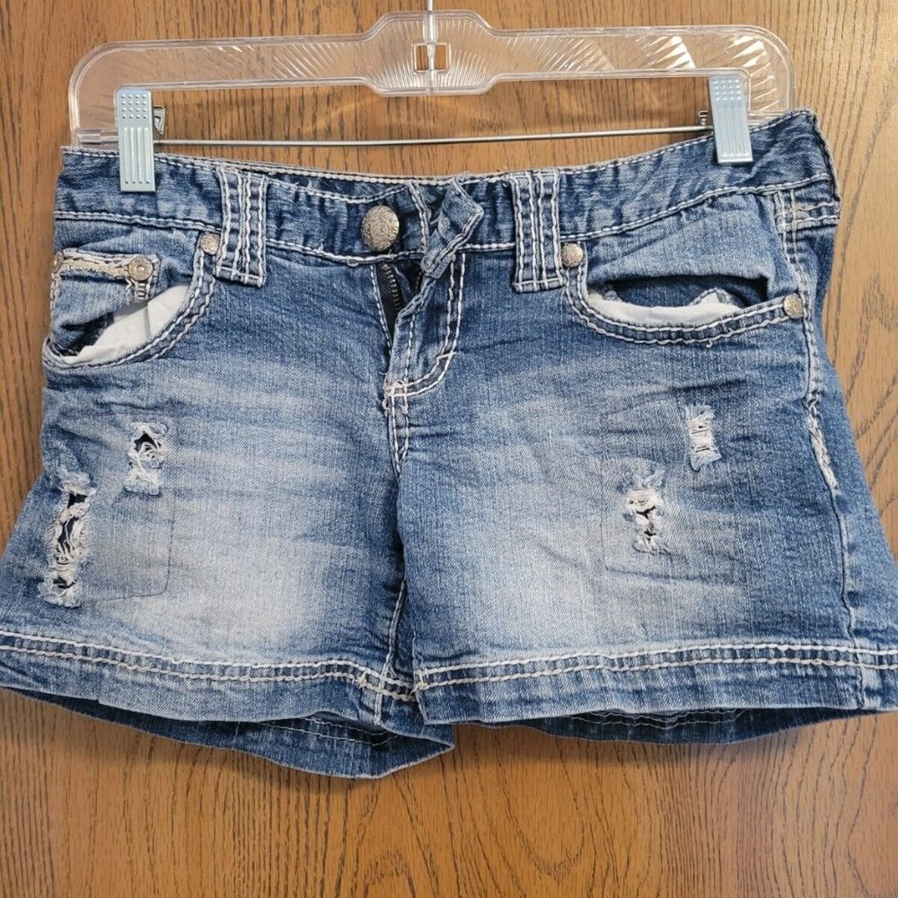 Maurices shorts size 1/2 junior women cuffed distressed blue mid wash denim